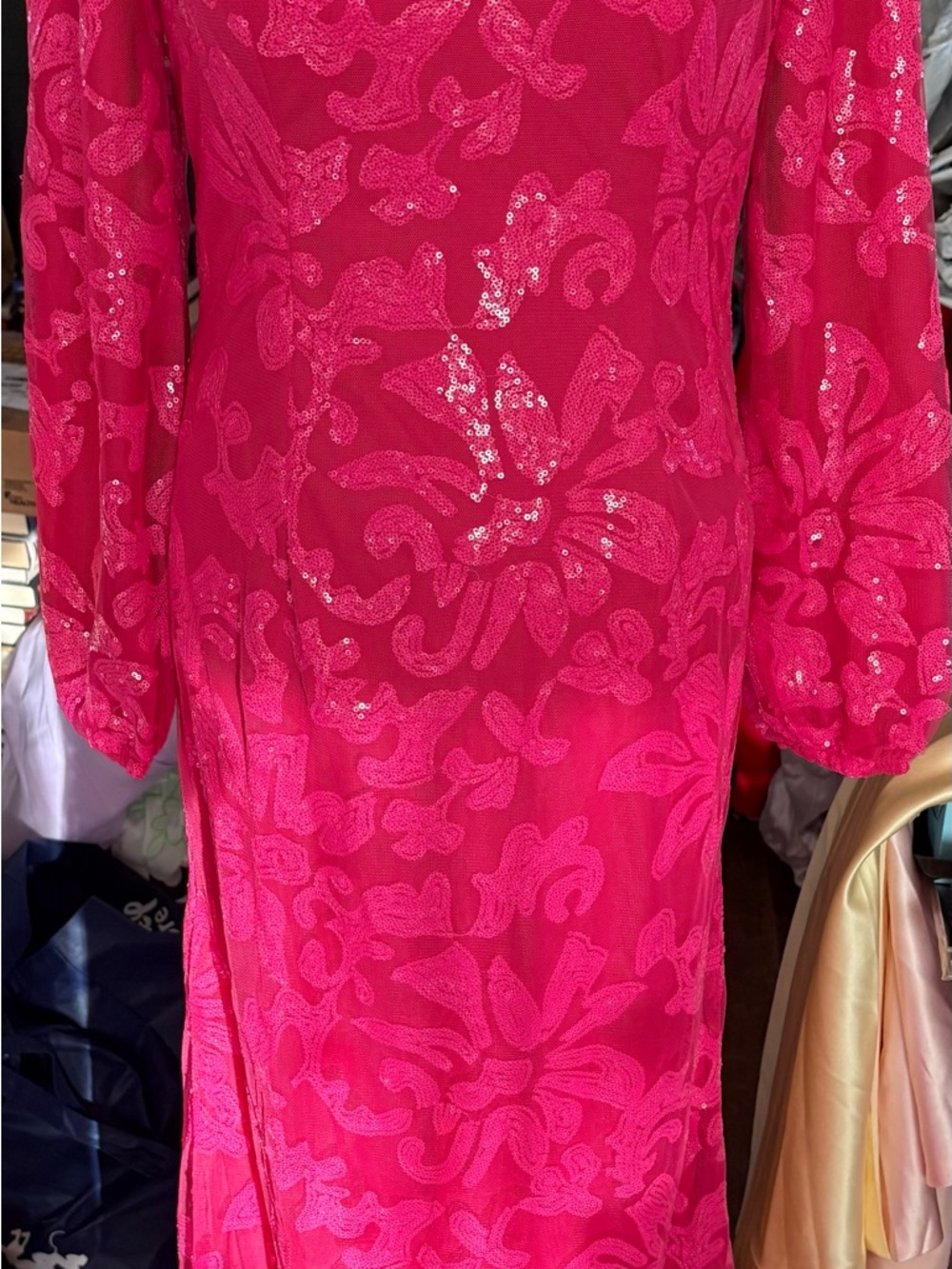 Bright Pink Long Sleeve Sequin Embroidered Dress